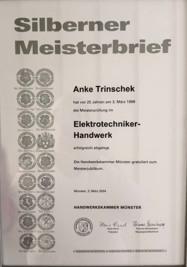 Silberner Meisterbrief für Anke Trinschek, verliehen im Jahr 2024